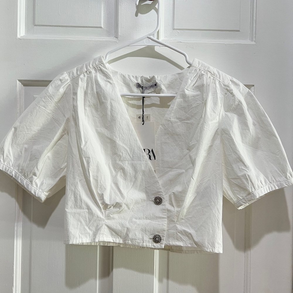 Zara cropped short puff sleeve cropped blouse top